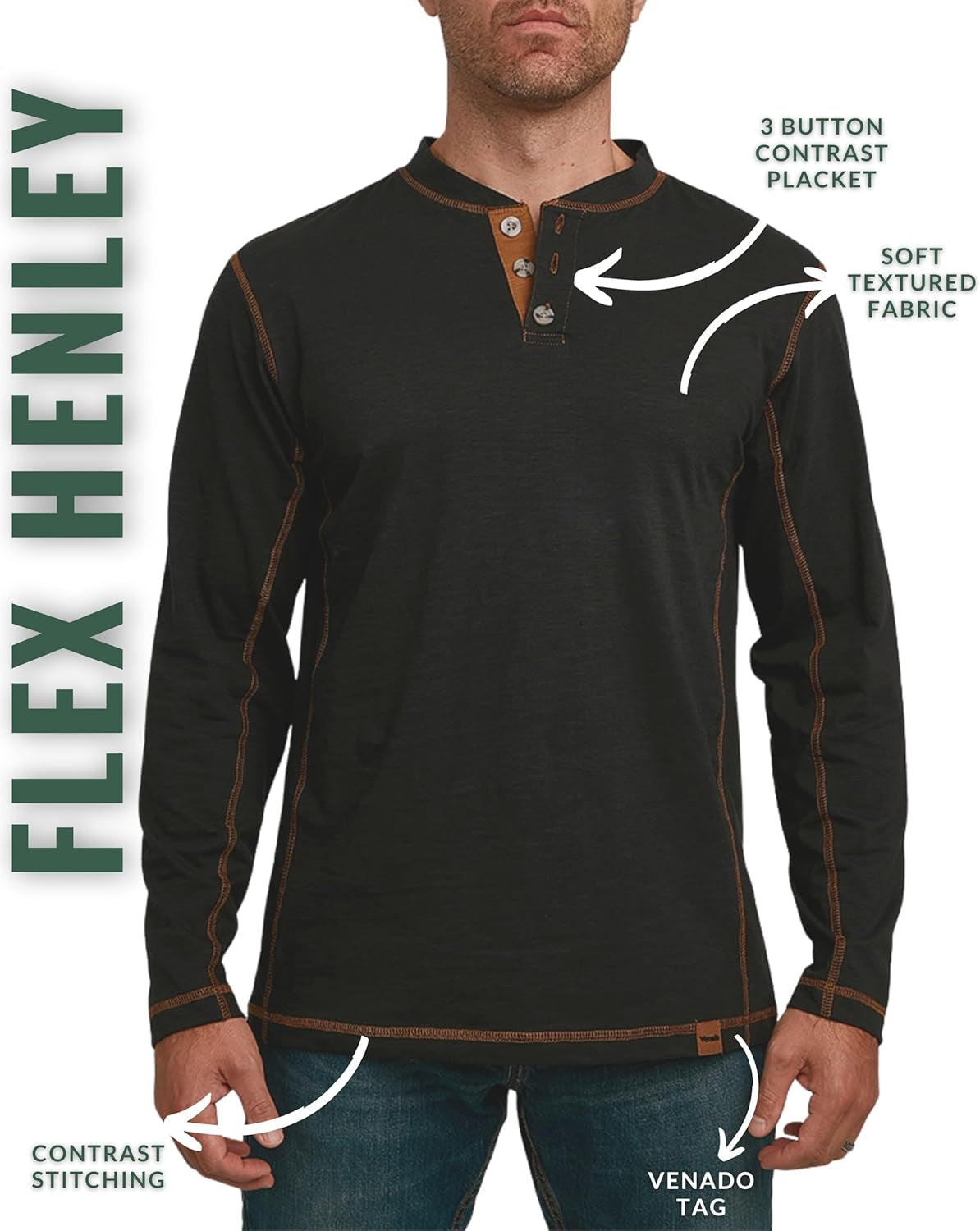 Henley Long Sleeve Shirts for Men - Mens Henley with Flex Material